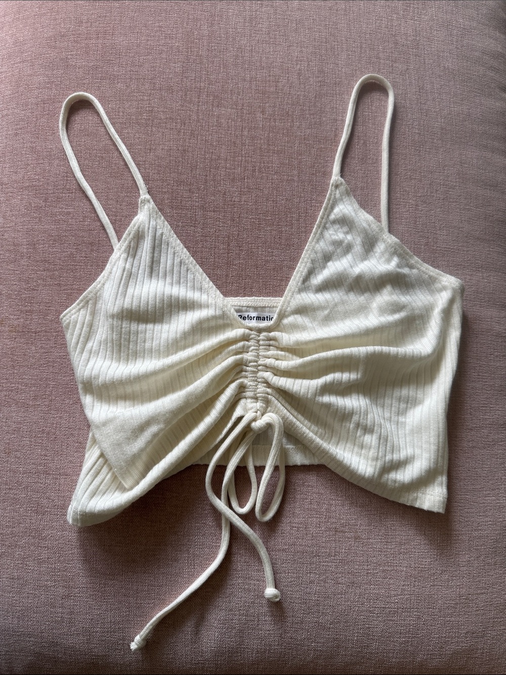Reformation Ivory Ribbed Drawstring Cropped Cami